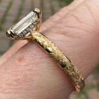 Double Claw Prong Emerald Lab Grown Vintage Engagement Ring Engraved Band Art Deco Gold Wedding Ring