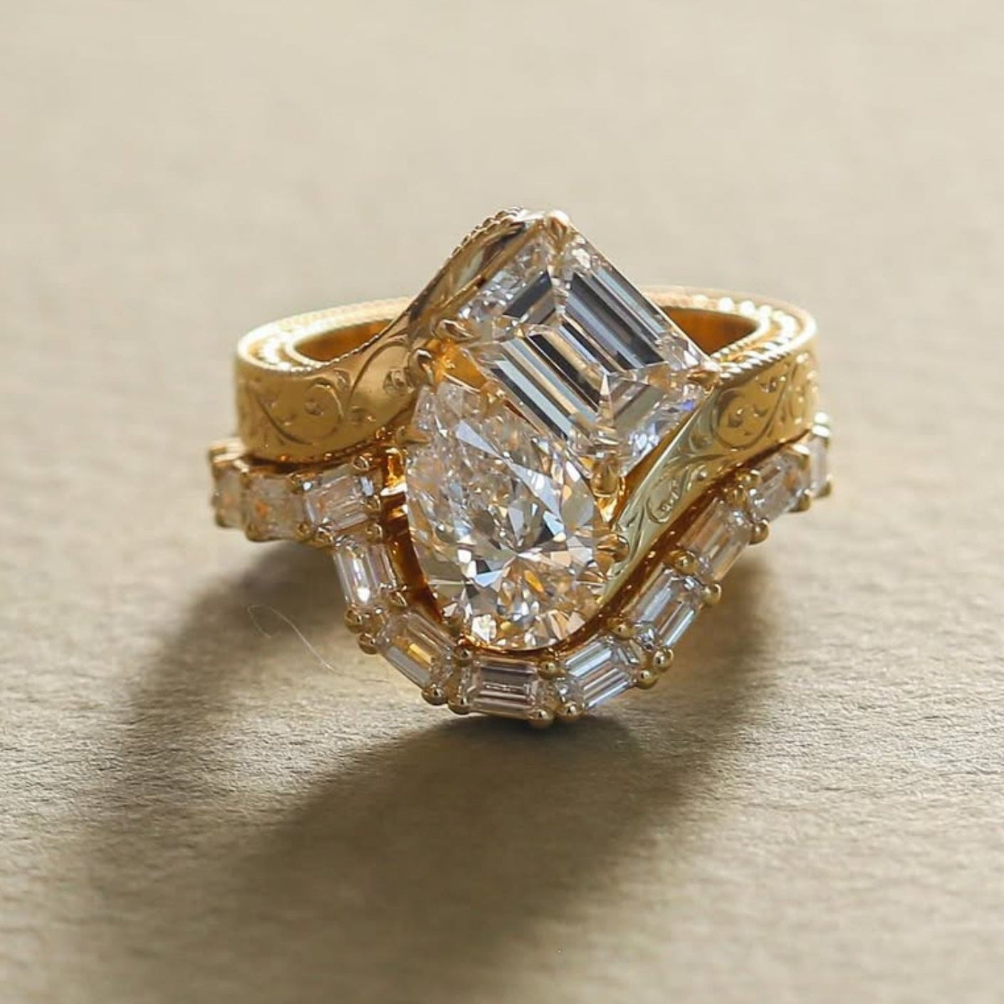 4.00 TCW Toi Et Moi Pear And Emerald Lab Grown Engagement Ring Set Art Deco Gold Wedding Ring Set Vintage Bridal Sets Anniversary Ring Set