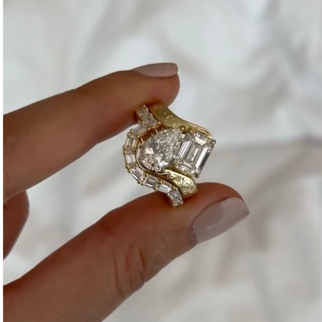 4.00 TCW Toi Et Moi Pear And Emerald Moissanite Engagement Ring Set Art Deco Gold Wedding Ring Set Vintage Bridal Sets Anniversary Ring Set