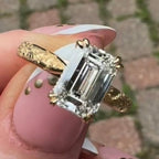 Double Claw Prong Emerald Moissanite Vintage Engagement Ring Engraved Band Art Deco Gold Wedding Ring