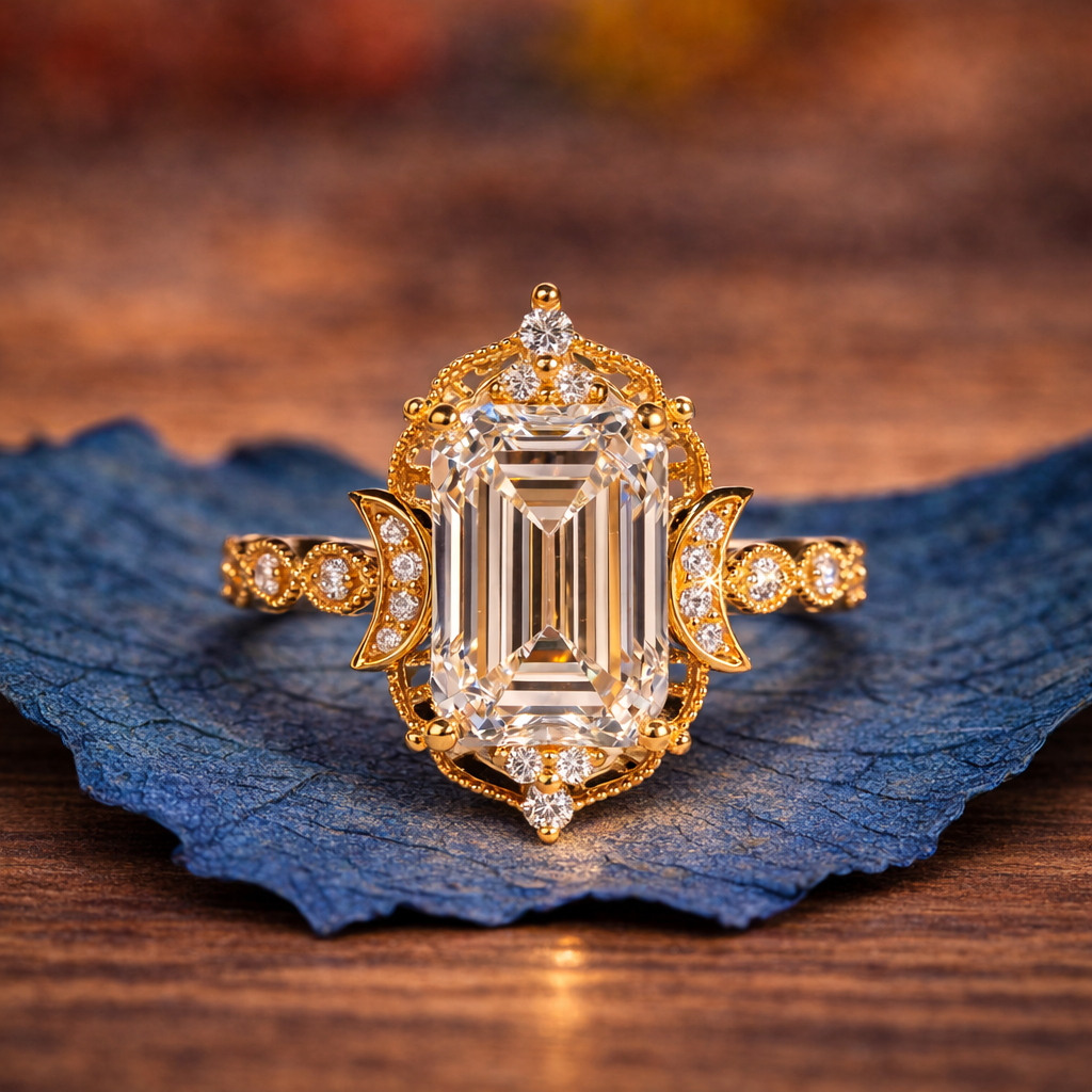 Gold ring with a large diamond on a blue leaf