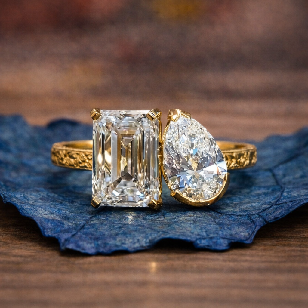 Gold ring with two diamonds on a blue leaf