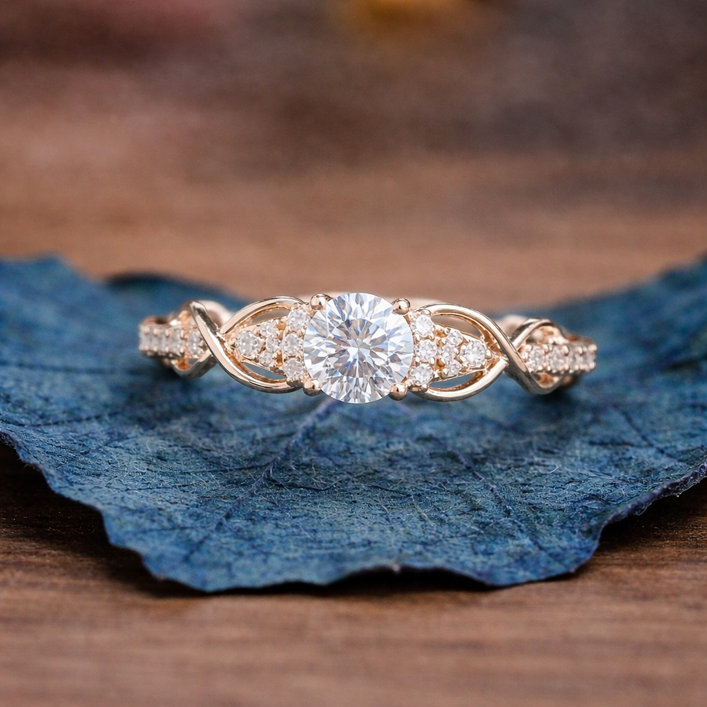 Rose gold diamond ring on a blue leaf with a blurred 