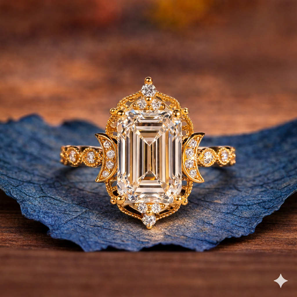 Gold ring with a large diamond on a blue leaf