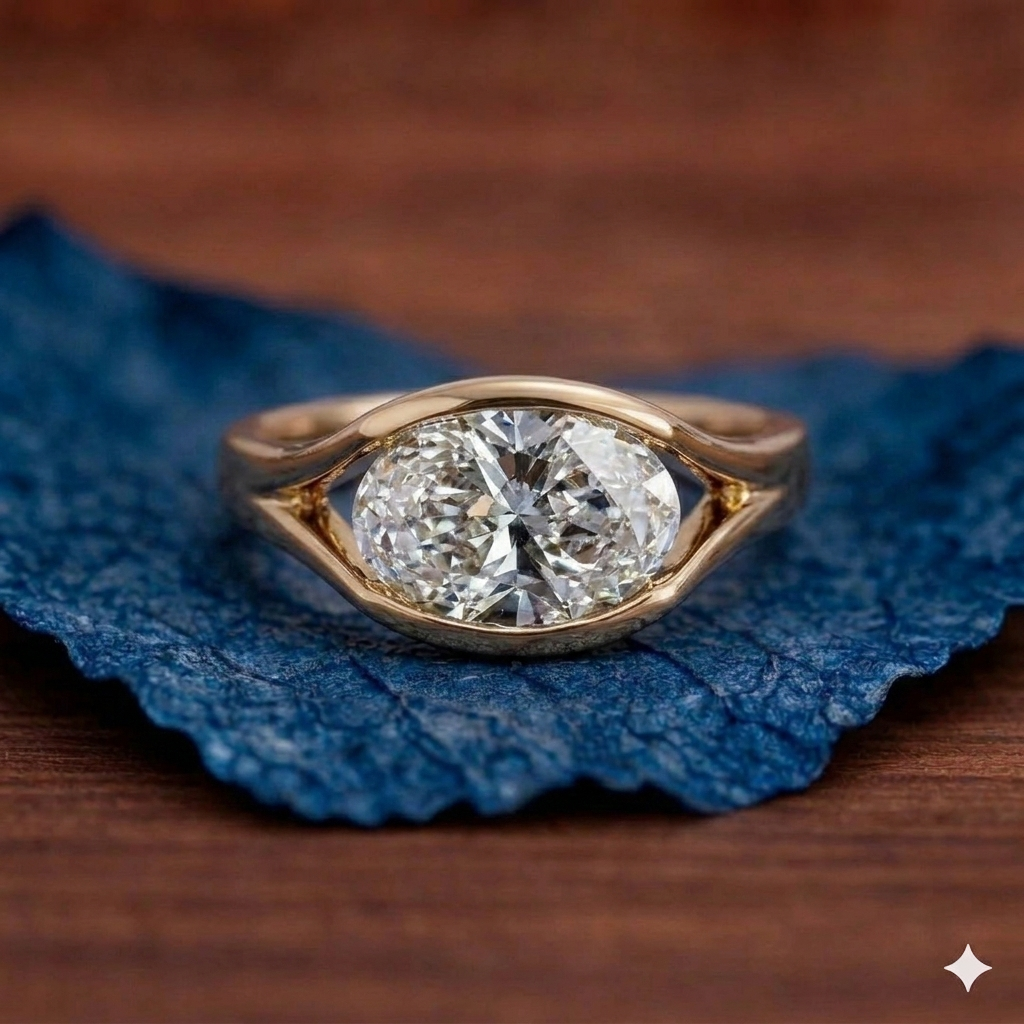 Gold ring with a large diamond on a blue leaf