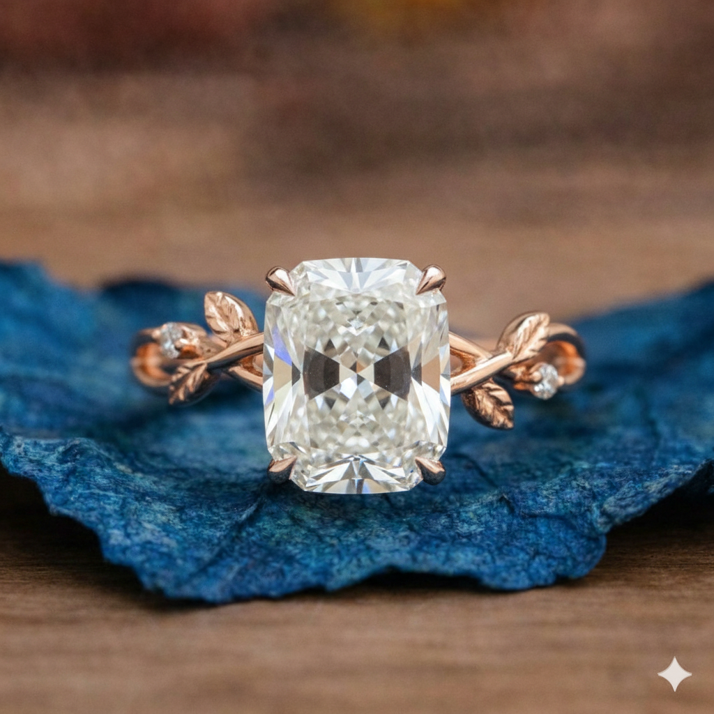 Diamond ring with leaf design on a blue fabric 