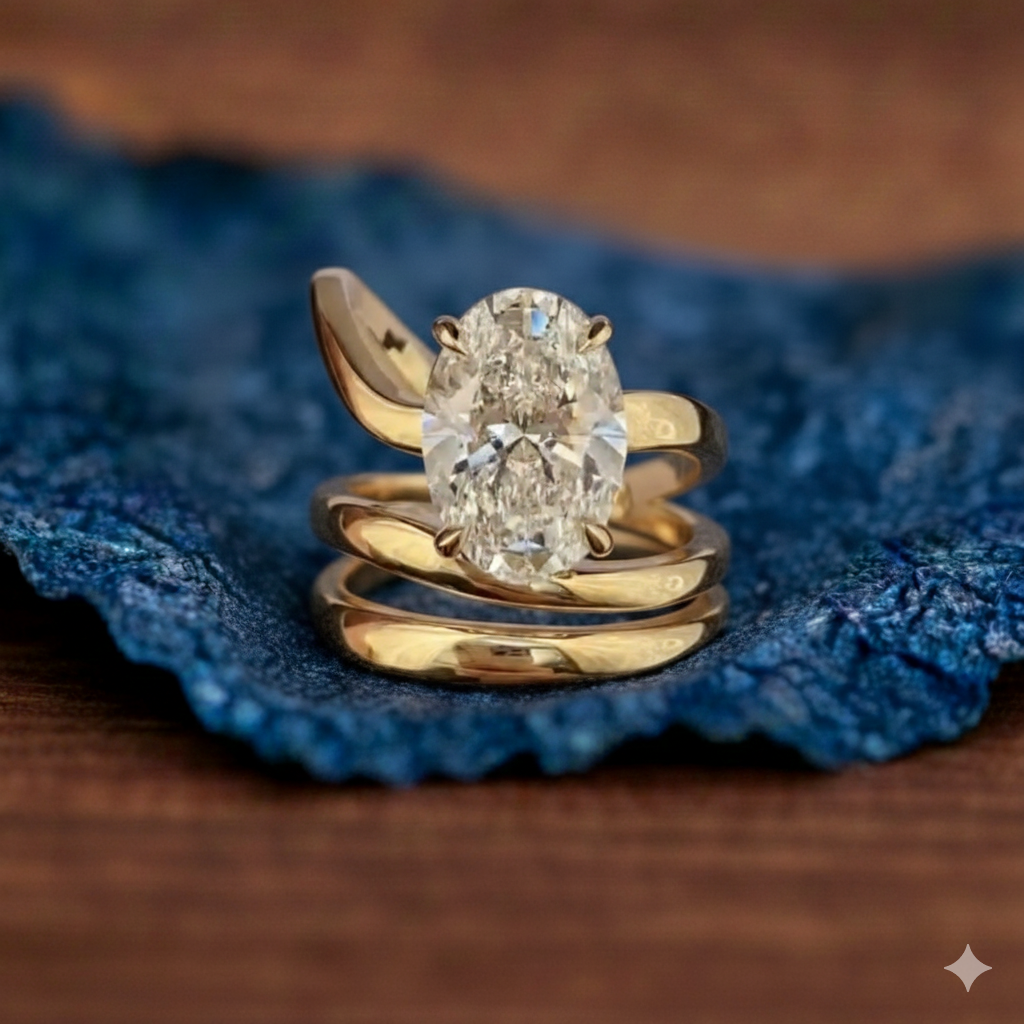 Gold ring with a diamond on a blue textured surface