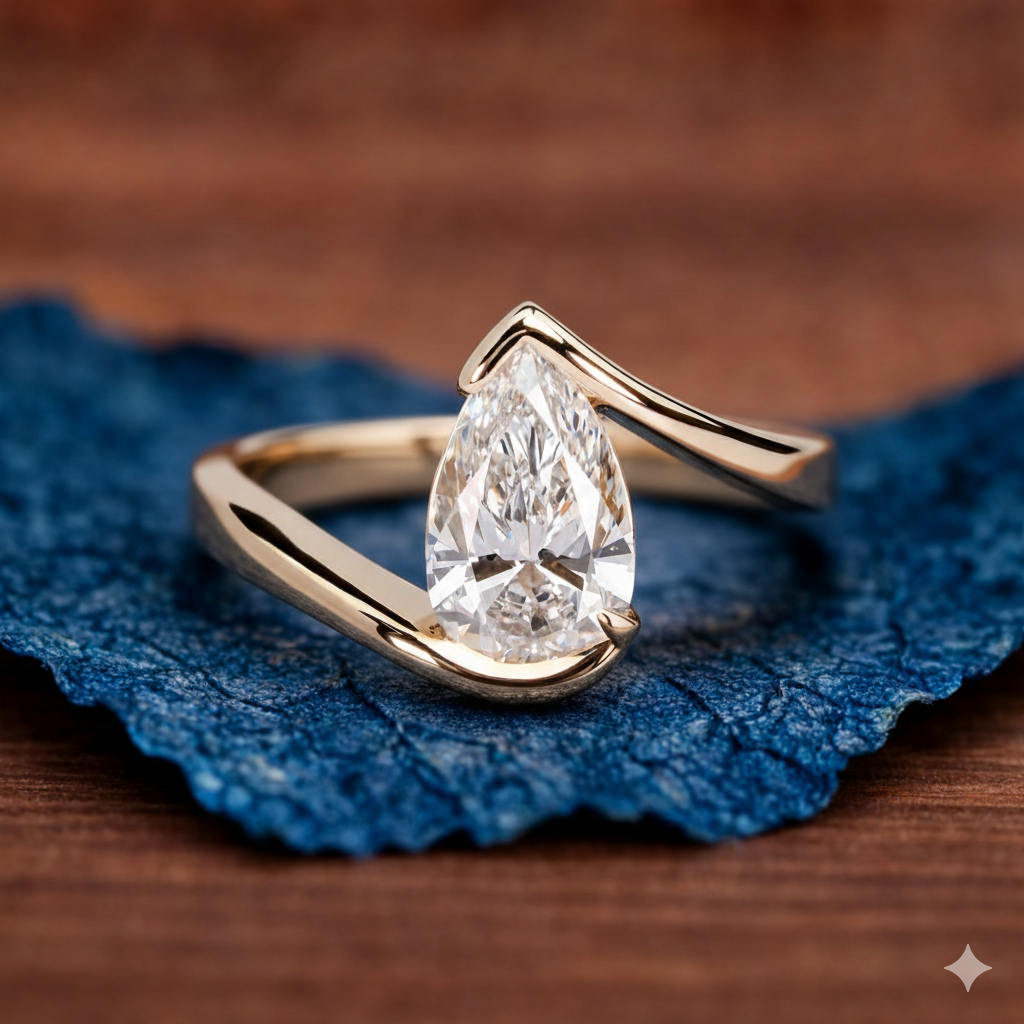 Gold ring with a pear-shaped diamond on a blue leaf