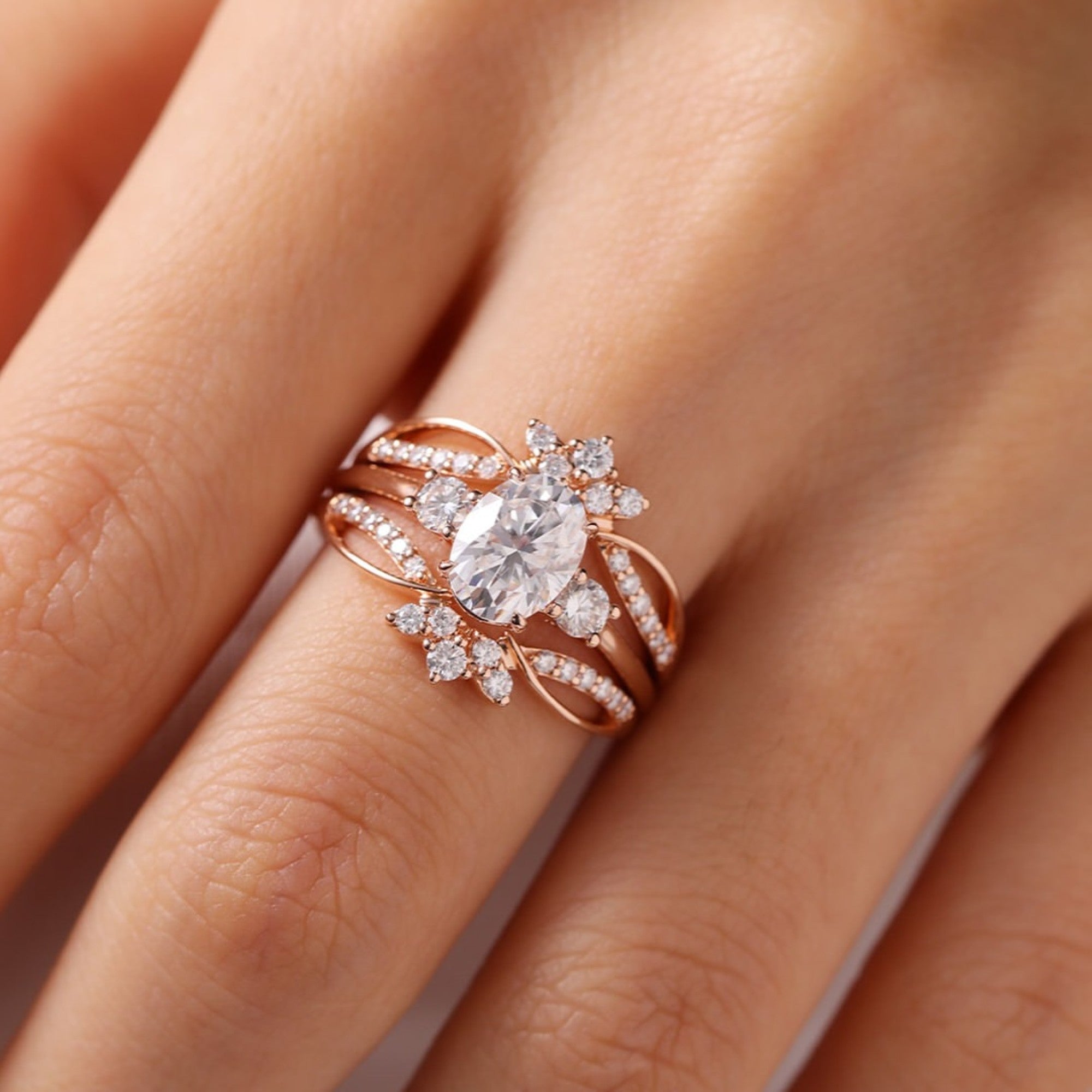 Oval Lab Grown Engagement Ring Set Bridal Gold Wedding Ring Set