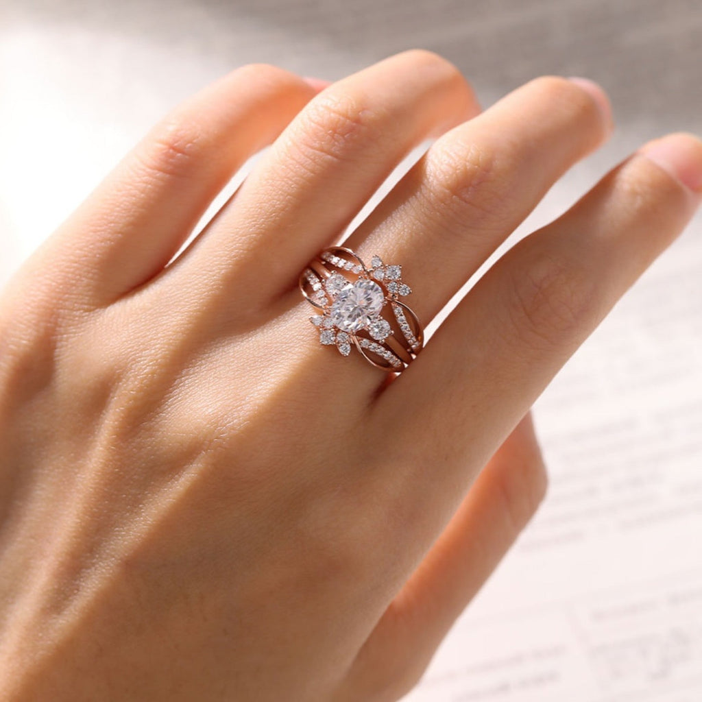 Oval Lab Grown Engagement Ring Set Bridal Gold Wedding Ring Set