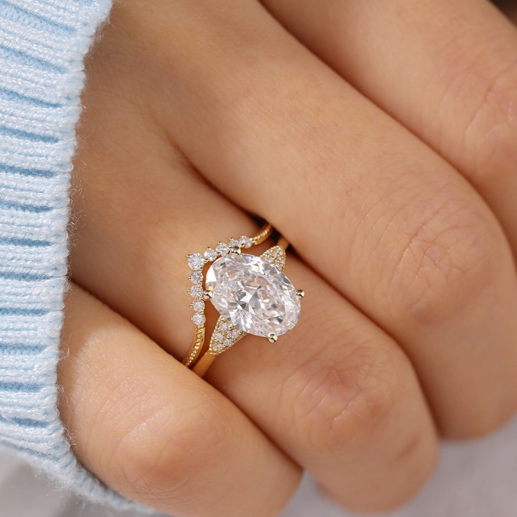 Oval Moissanite Bridal Engagement Ring Set Vintage Inspired Wedding Ring Set