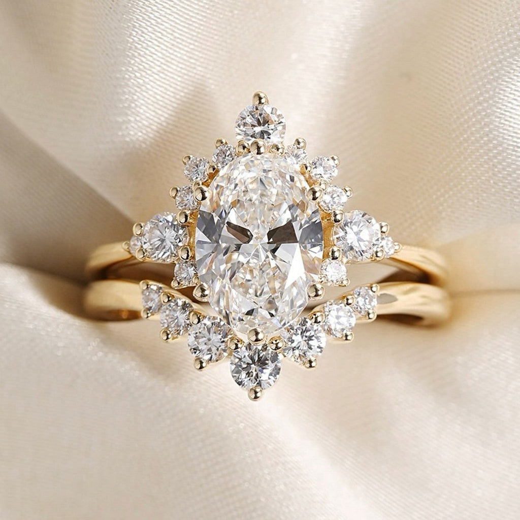 Oval Cut Lab Grown Engagement Ring Set Gold Bridal Wedding Ring Set