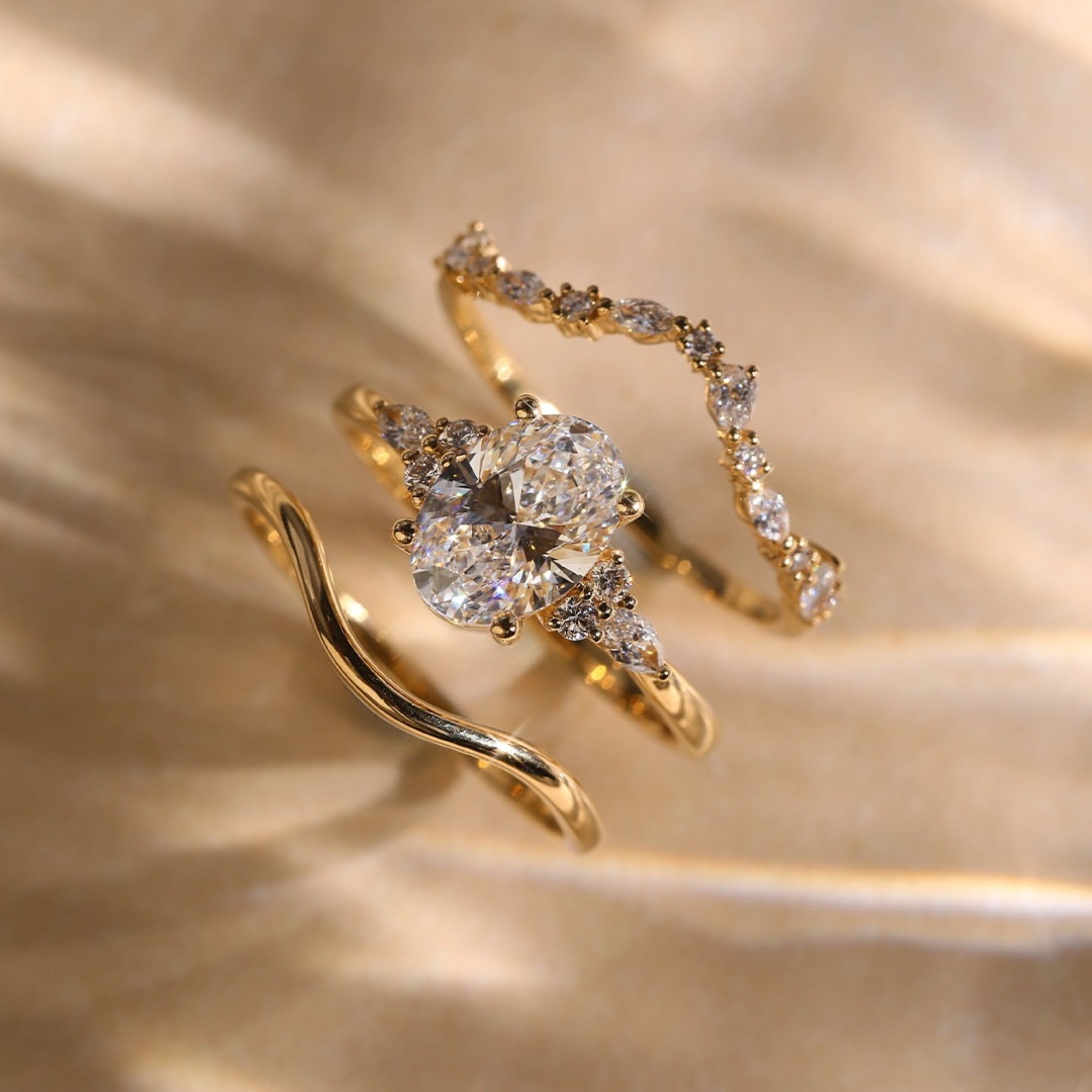 Oval Moissanite Engagement Ring Set Gold Bridal Wedding Ring Set