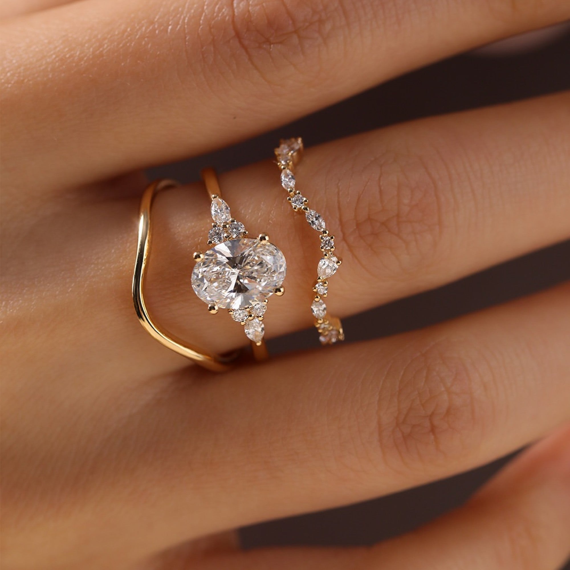 Oval Moissanite Engagement Ring Set Gold Bridal Wedding Ring Set