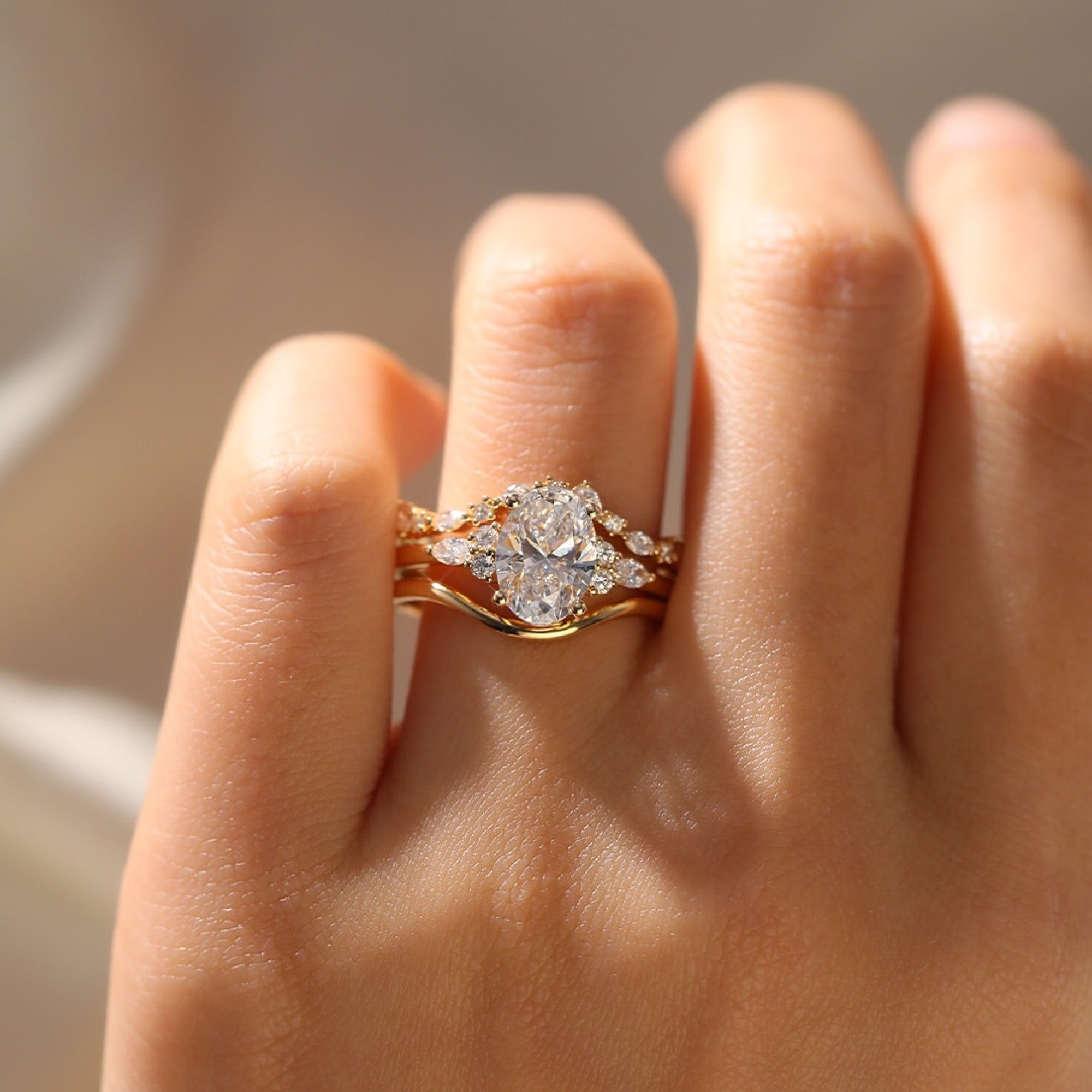 Oval Moissanite Engagement Ring Set Gold Bridal Wedding Ring Set