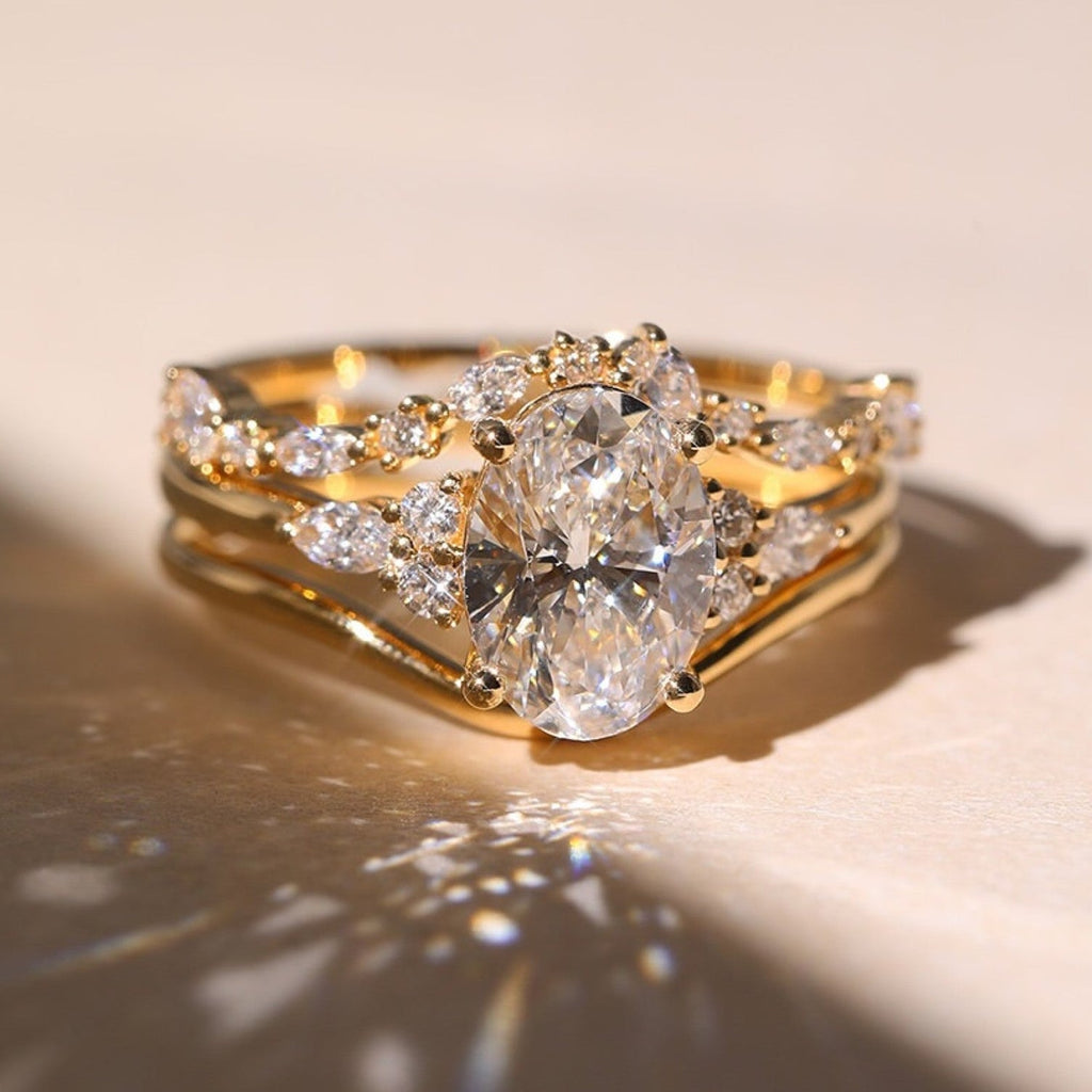 Oval Moissanite Engagement Ring Set Gold Bridal Wedding Ring Set