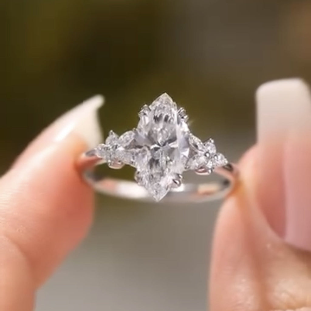 Marquise Art Deco Lab Grown Engagement Ring Solid Gold Bridal Wedding Ring