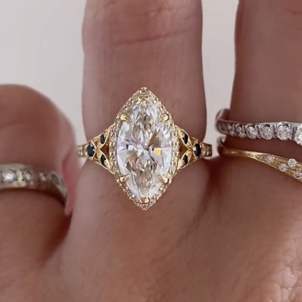 Marquise Halo Set Moissanite Engagement Ring Vintage inspired Wedding Ring