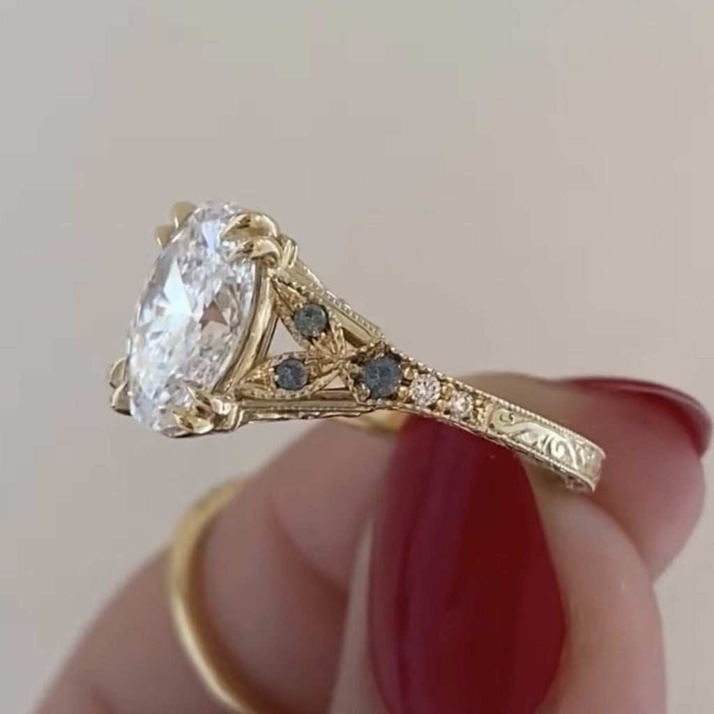 Oval Art deco Lab Grown Engagement Ring Vintage Gold Wedding Ring