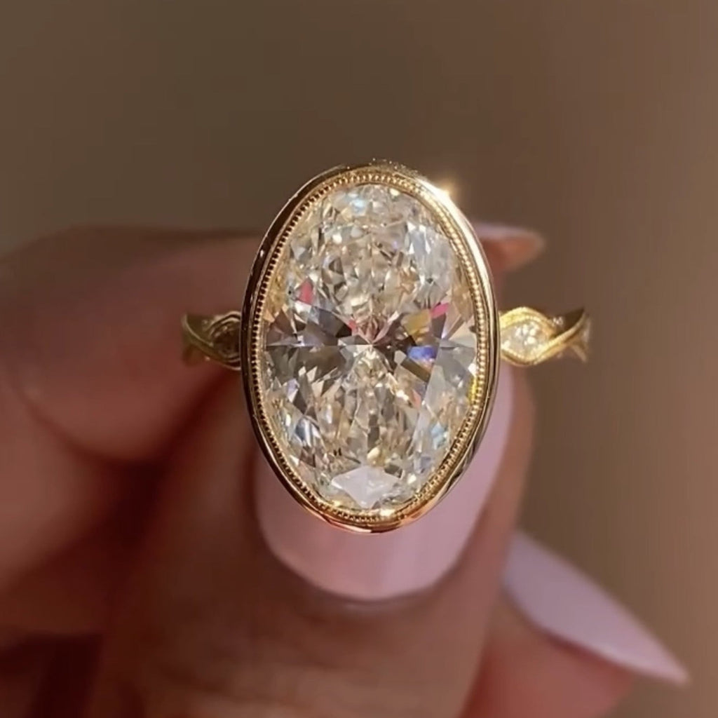 Oval Cut Lab Grown Engagement Bezel Set Wedding Ring Tulip Set Anniversary Ring