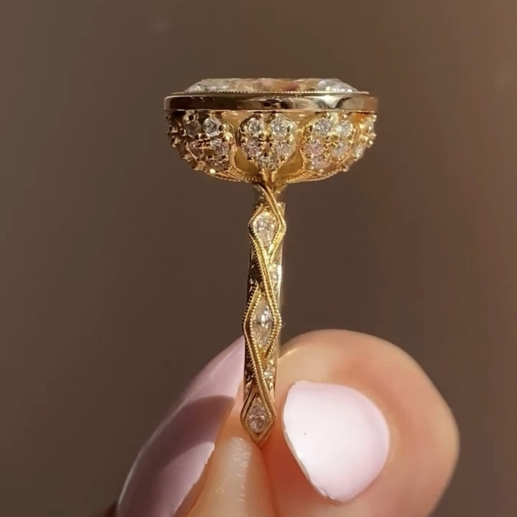 Oval Cut Lab Grown Engagement Bezel Set Wedding Ring Tulip Set Anniversary Ring