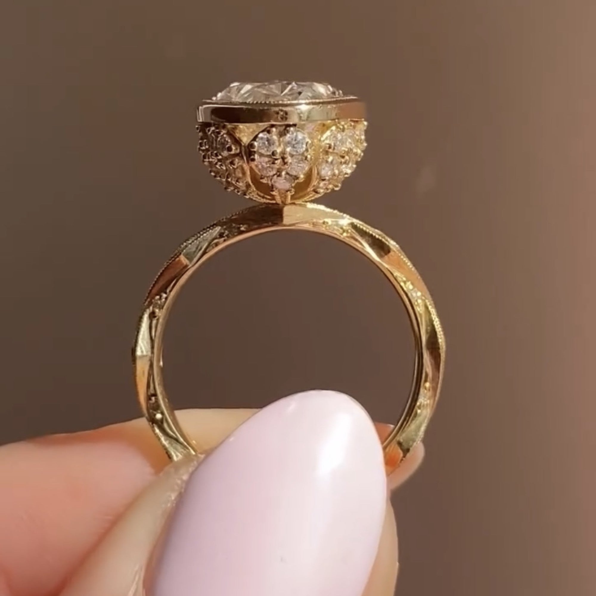 Oval Cut Lab Grown Engagement Bezel Set Wedding Ring Tulip Set Anniversary Ring