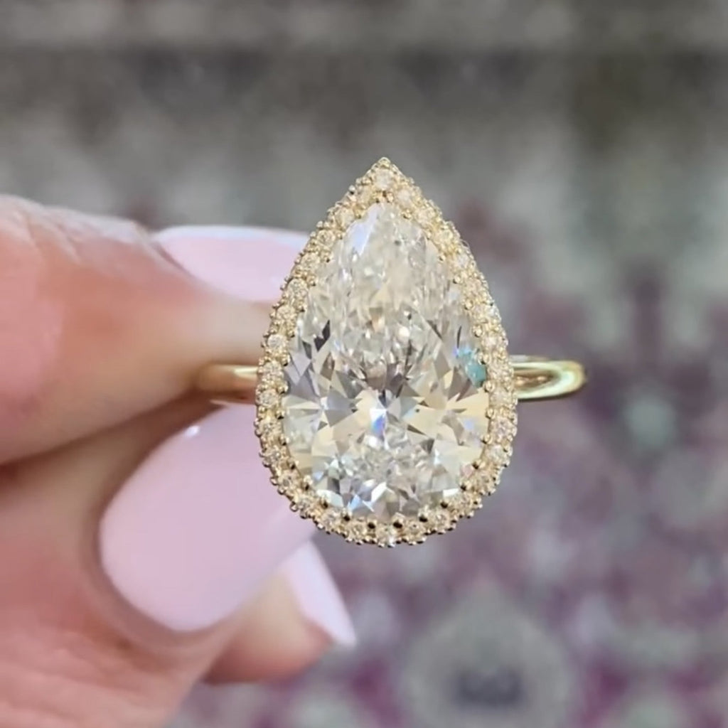Halo Set Pear Lab Grown Engagement Ring bridal Gold Wedding Ring