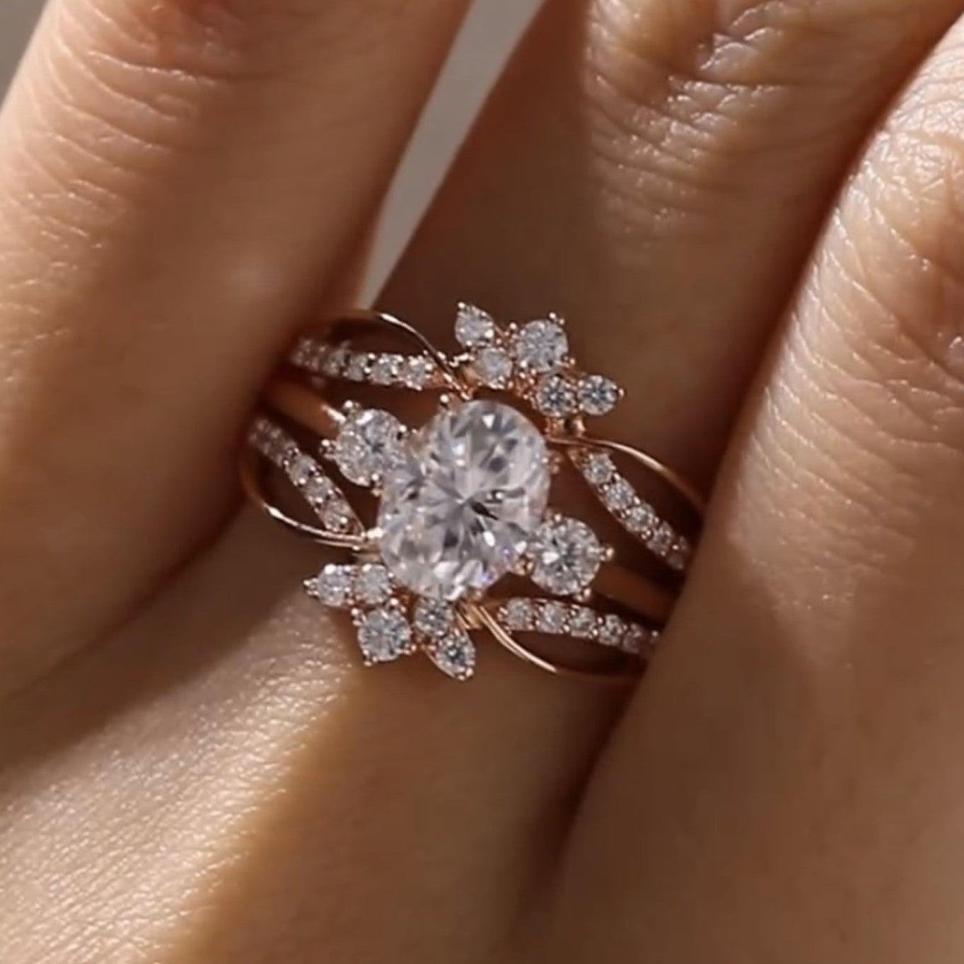 Oval Lab Grown Engagement Ring Set Bridal Gold Wedding Ring Set