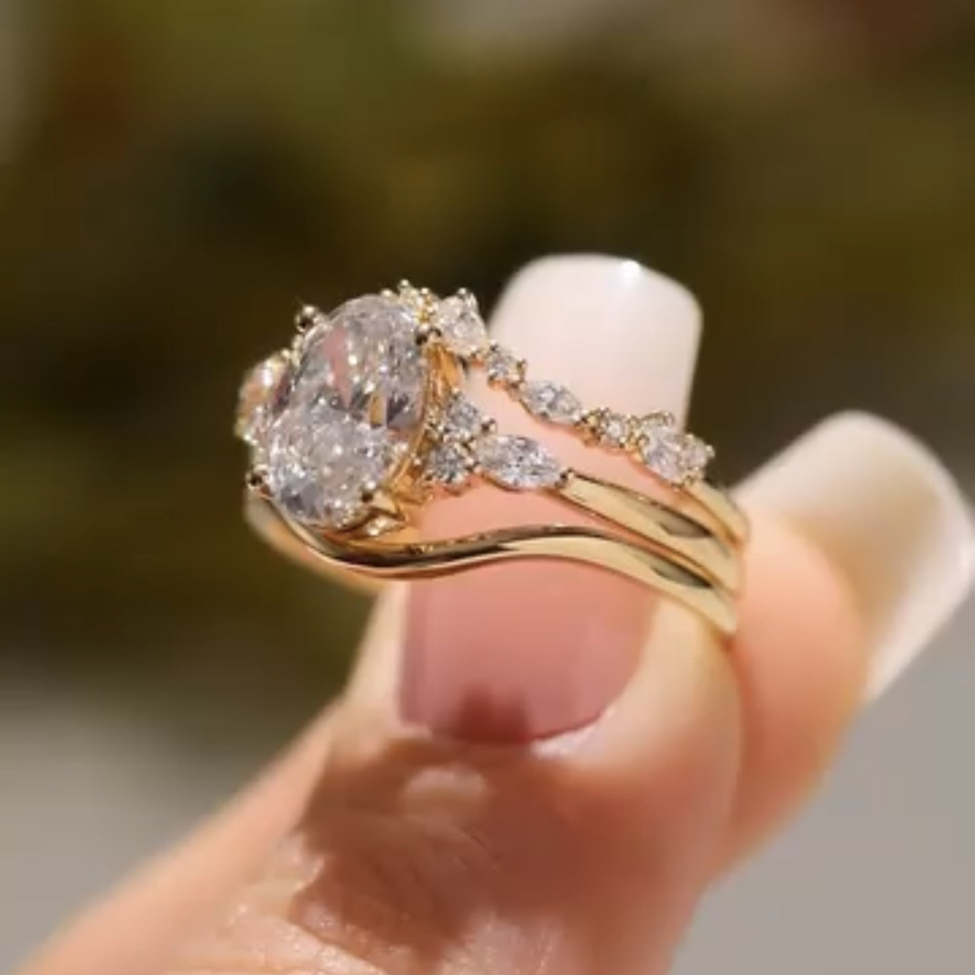 Oval Moissanite Engagement Ring Set Gold Bridal Wedding Ring Set
