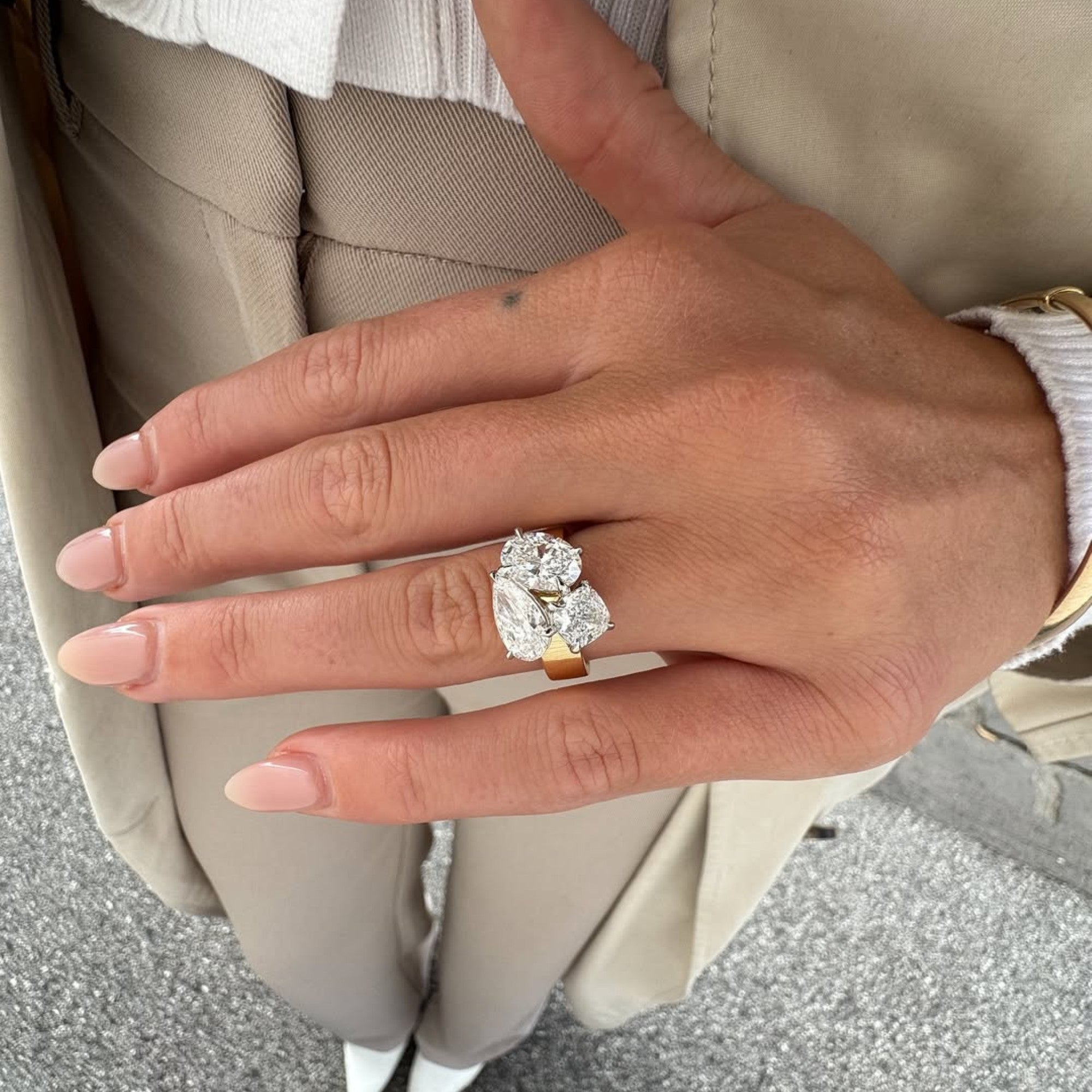5.00 CT Three Stone Pear And Oval And Cushion Moissanite Engagement Ring Solid Gold Wedding Ring Past Present Future Ring Anniversary Ring