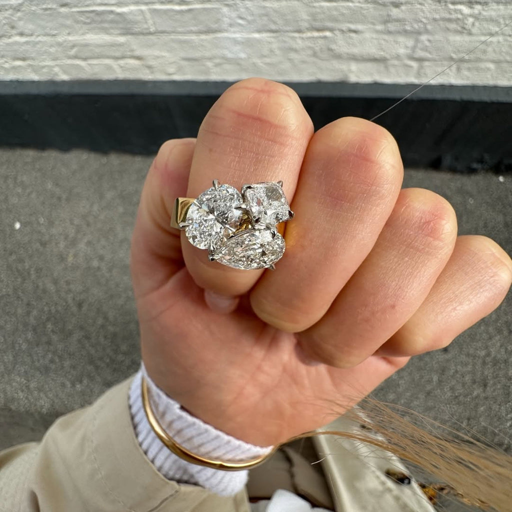 5.00 TCW Three Stone Pear And Oval And Cushion Lab Grown Engagement Ring Solid Gold Wedding Ring Past Present Future Ring Anniversary Ring