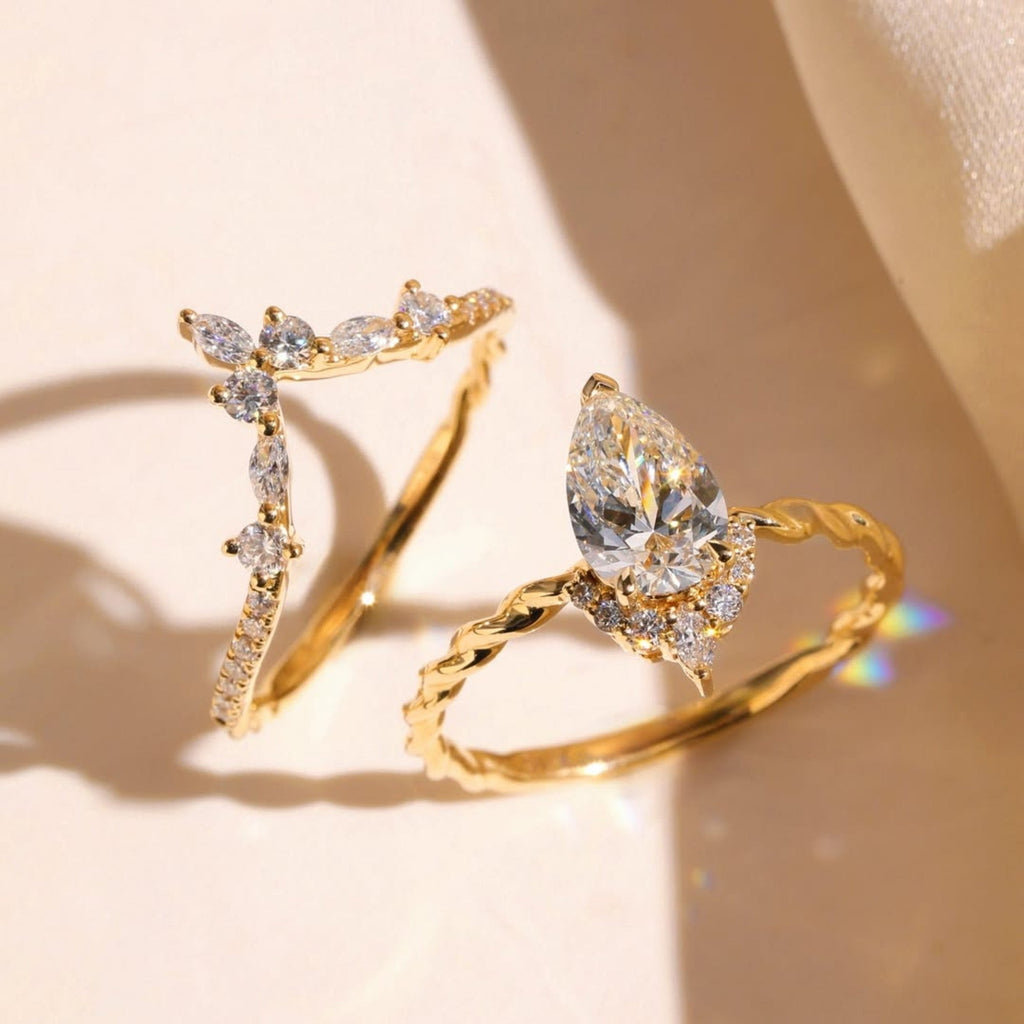 ArtDeco Pear Moissanite Engagement Ring Set Vintage Wedding  Bridal Anniversary Set