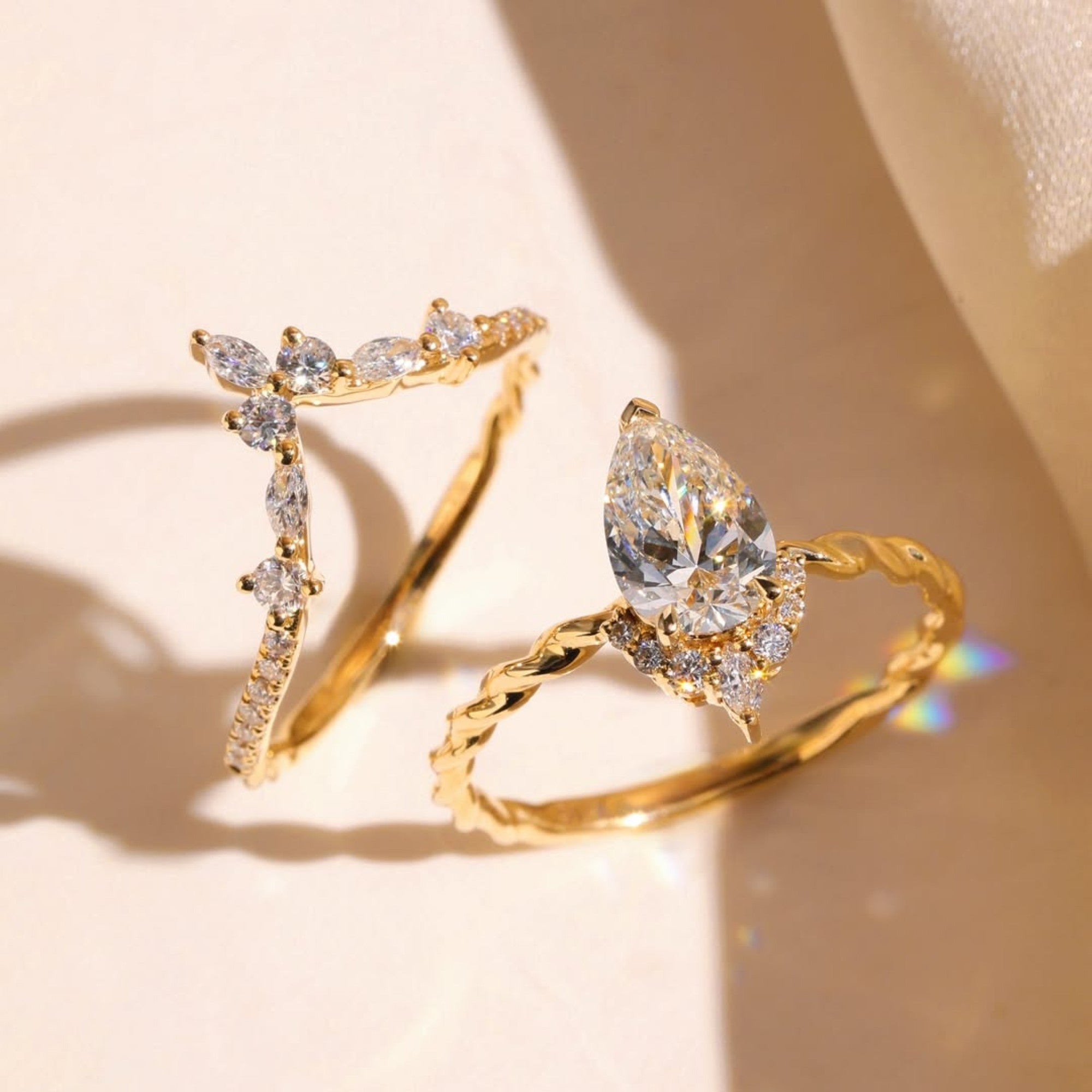 ArtDeco Pear Moissanite Engagement Ring Set Vintage Wedding  Bridal Anniversary Set