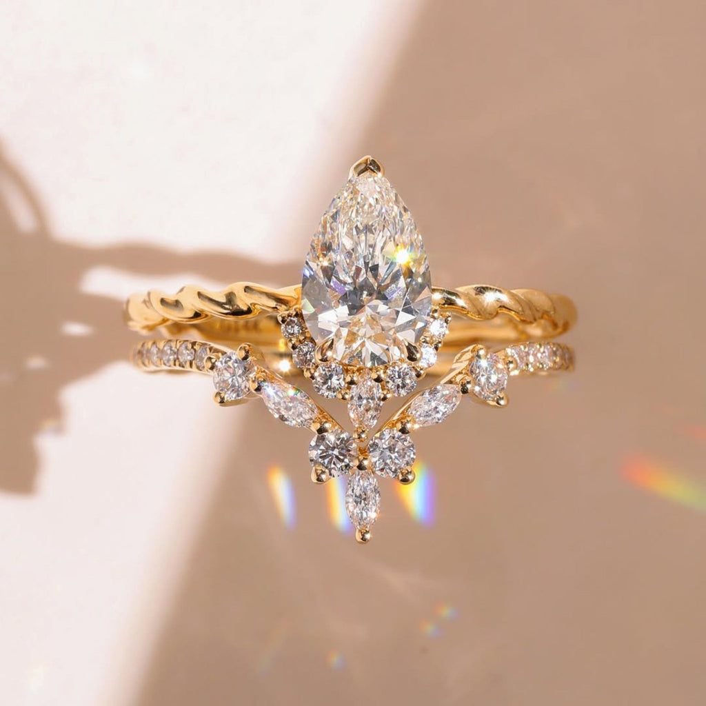 ArtDeco Pear Moissanite Engagement Ring Set Vintage Wedding  Bridal Anniversary Set