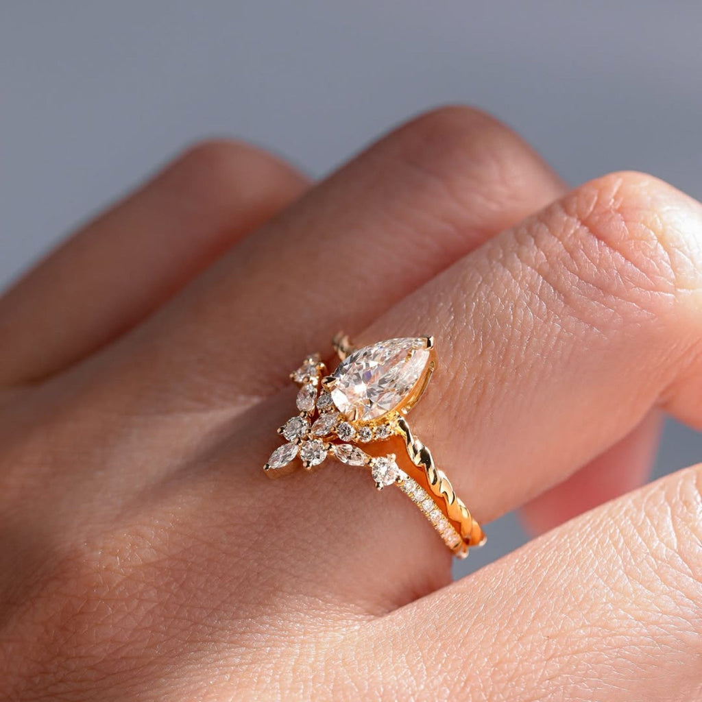 ArtDeco Pear Moissanite Engagement Ring Set Vintage Wedding  Bridal Anniversary Set