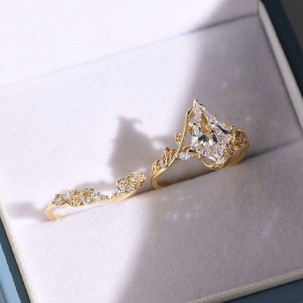 Artdeco Kite Moissanite Engagement Ring Set Vintage  Bridal Wedding Anniversary Set