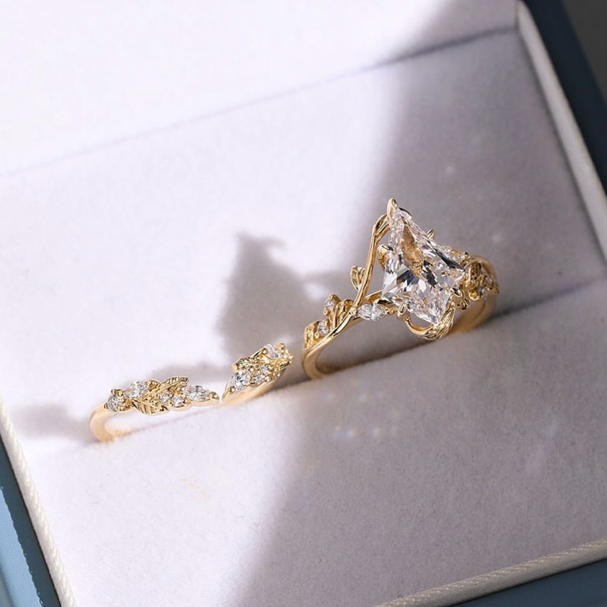Artdeco Kite Moissanite Engagement Ring Set Vintage  Bridal Wedding Anniversary Set