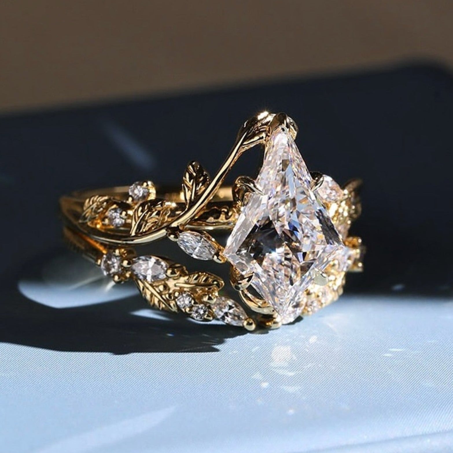 Artdeco Kite Lab Grown Engagement Ring Set Vintage  Bridal Wedding Anniversary Sets