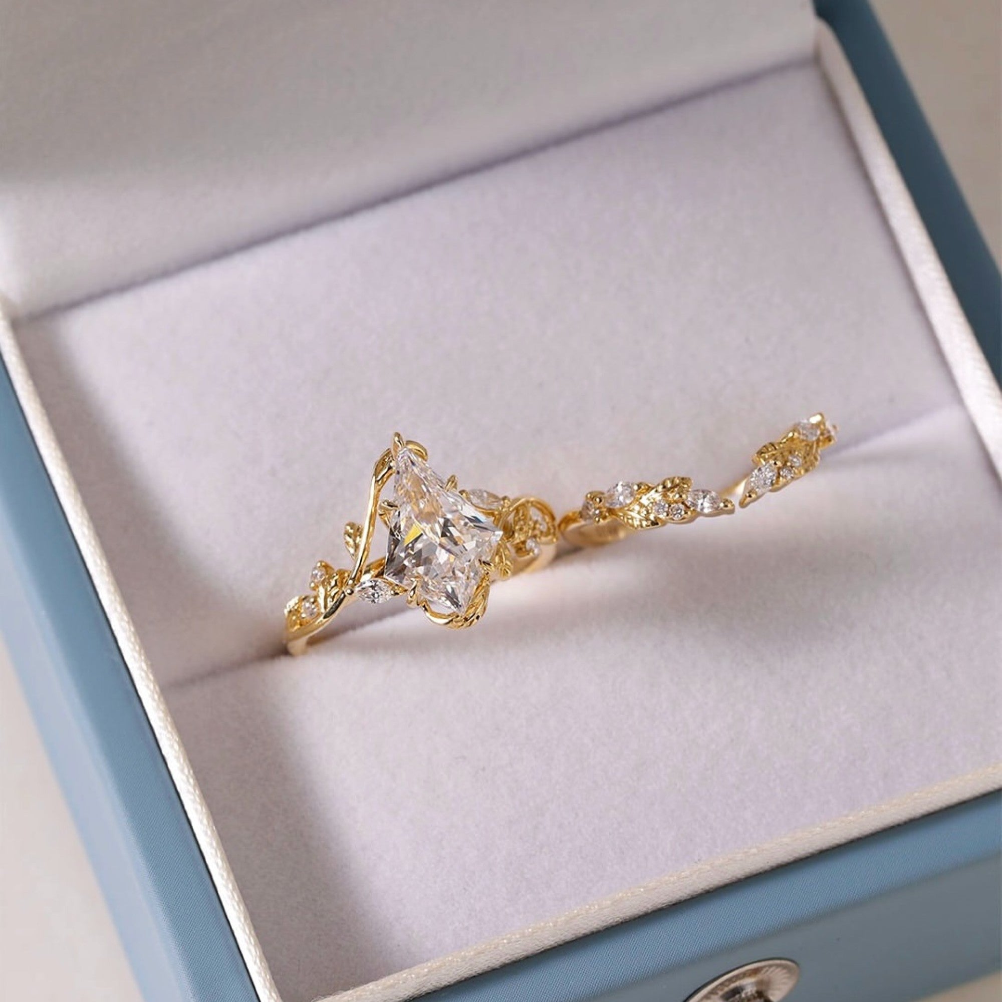 Artdeco Kite Moissanite Engagement Ring Set Vintage  Bridal Wedding Anniversary Set