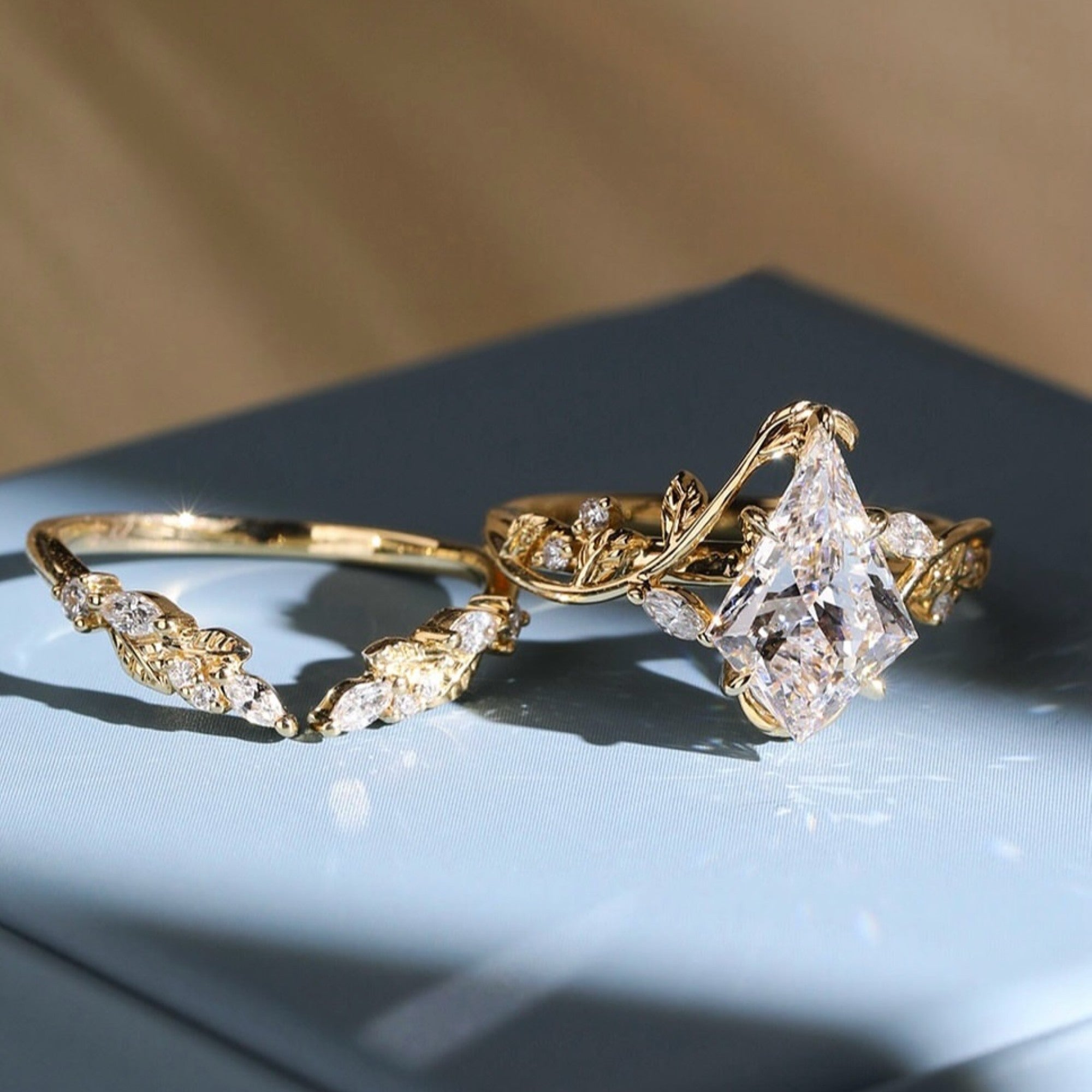 Artdeco Kite Moissanite Engagement Ring Set Vintage  Bridal Wedding Anniversary Set
