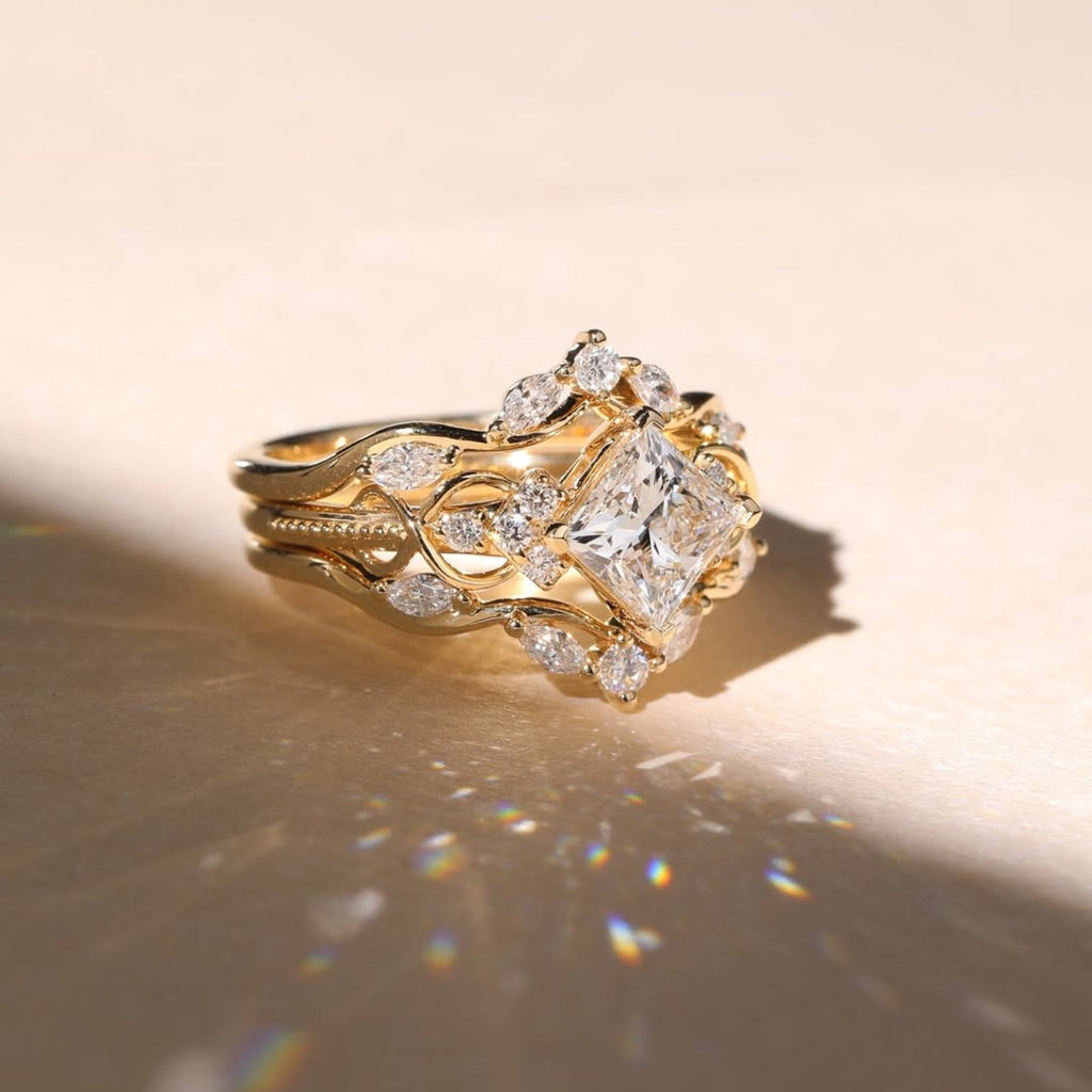 Art Deco Princess Moissanite Vintage Engagement Ring Set Bridal Wedding Nature Inspired Anniversary Sets