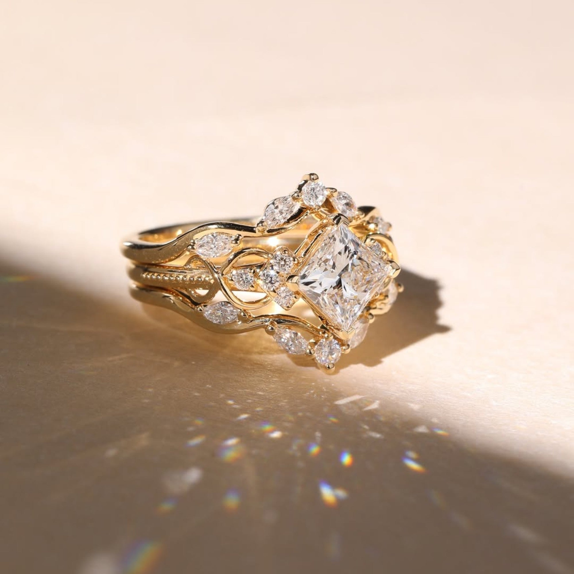 Art Deco Princess Moissanite Vintage Engagement Ring Set Bridal Wedding Nature Inspired Anniversary Sets