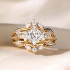 Art Deco Princess Moissanite Vintage Engagement Ring Set Bridal Wedding Nature Inspired Anniversary Sets