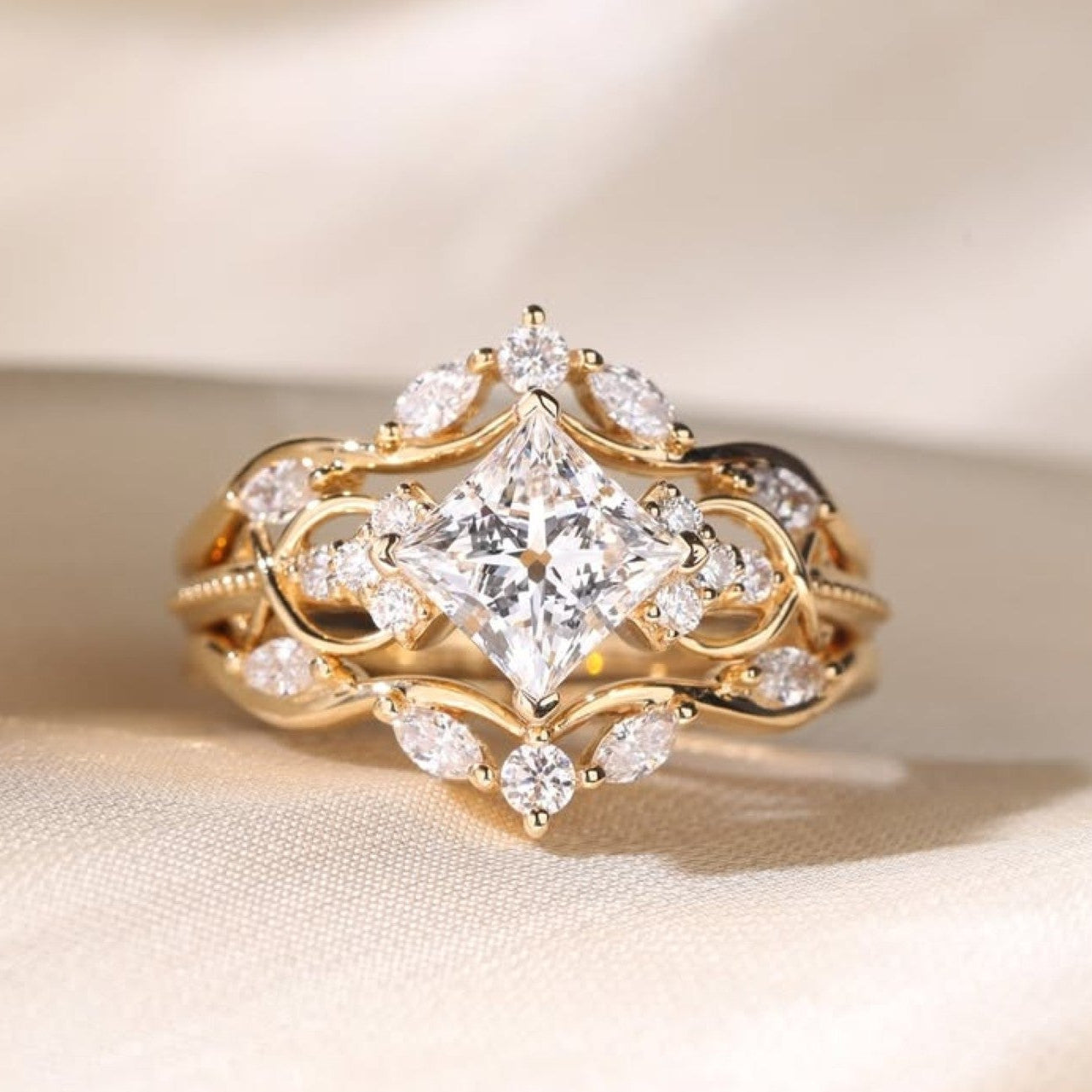Art Deco Princess Lab Grown Vintage Engagement Ring Set Bridal Wedding Nature Inspired Anniversary Sets