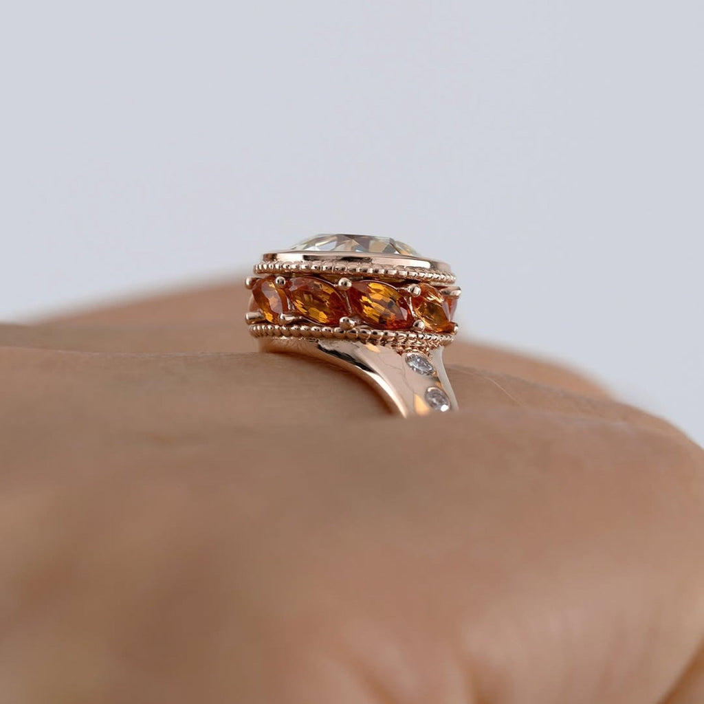 Bezel Set Round Moissanite Engagement Ring Orange Marquise Hidden Halo Wedding Ring Anniversary Rings For Women