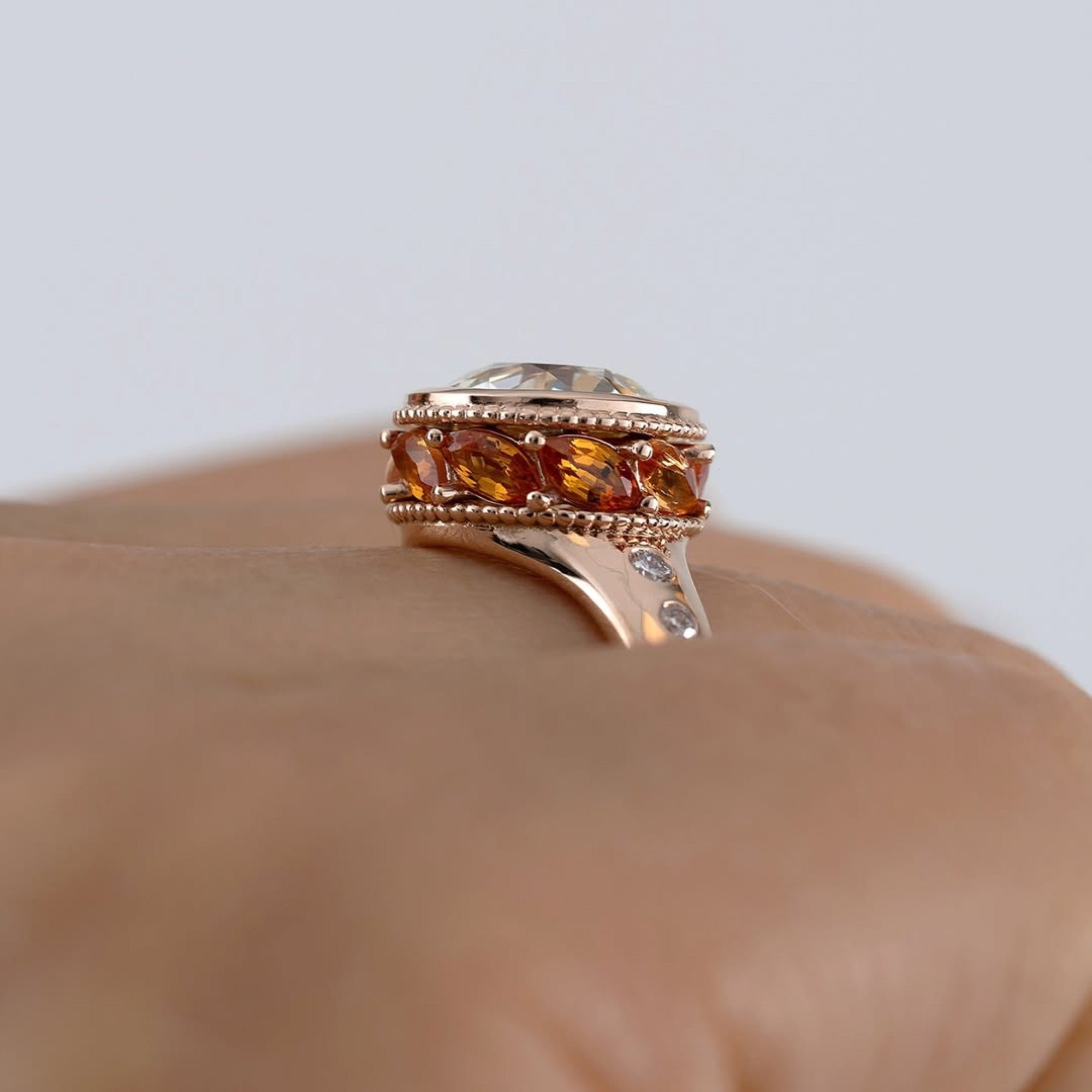Bezel Set Round Moissanite Engagement Ring Orange Marquise Hidden Halo Wedding Ring Anniversary Rings For Women