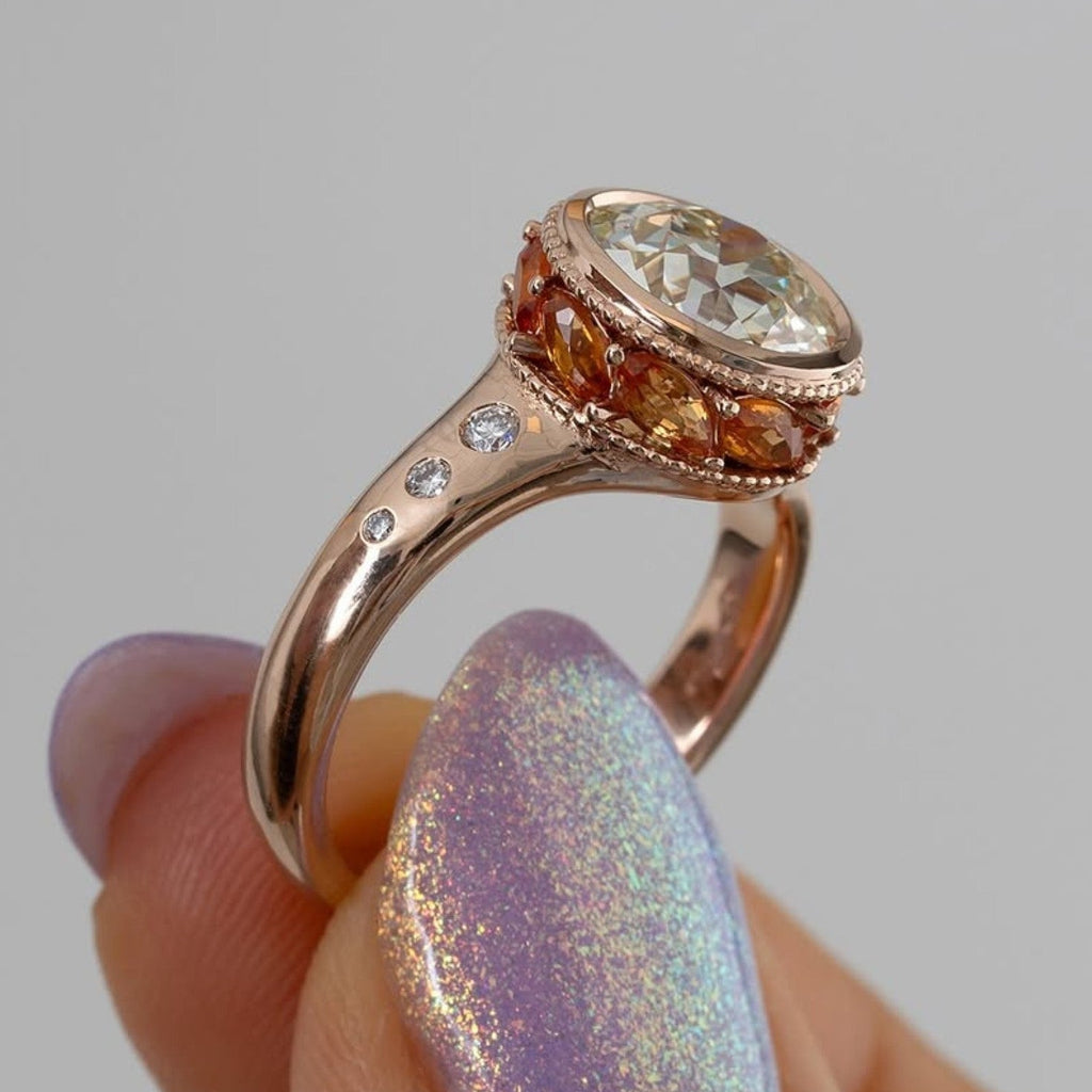 Bezel Set Round Lab Grown Engagement Ring Orange Marquise Hidden Halo Wedding Ring Anniversary Rings For Women