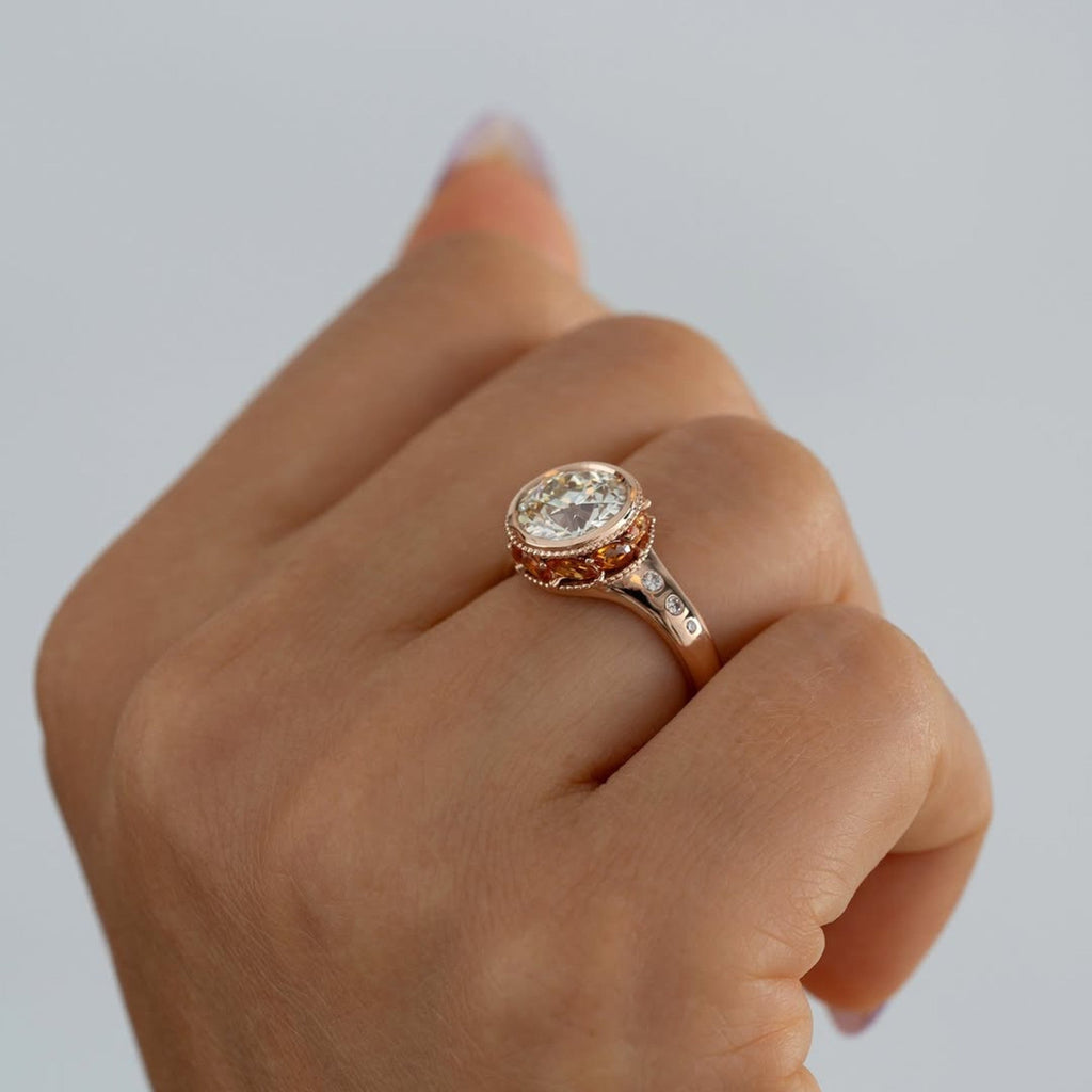 Bezel Set Round Lab Grown Engagement Ring Orange Marquise Hidden Halo Wedding Ring Anniversary Rings For Women