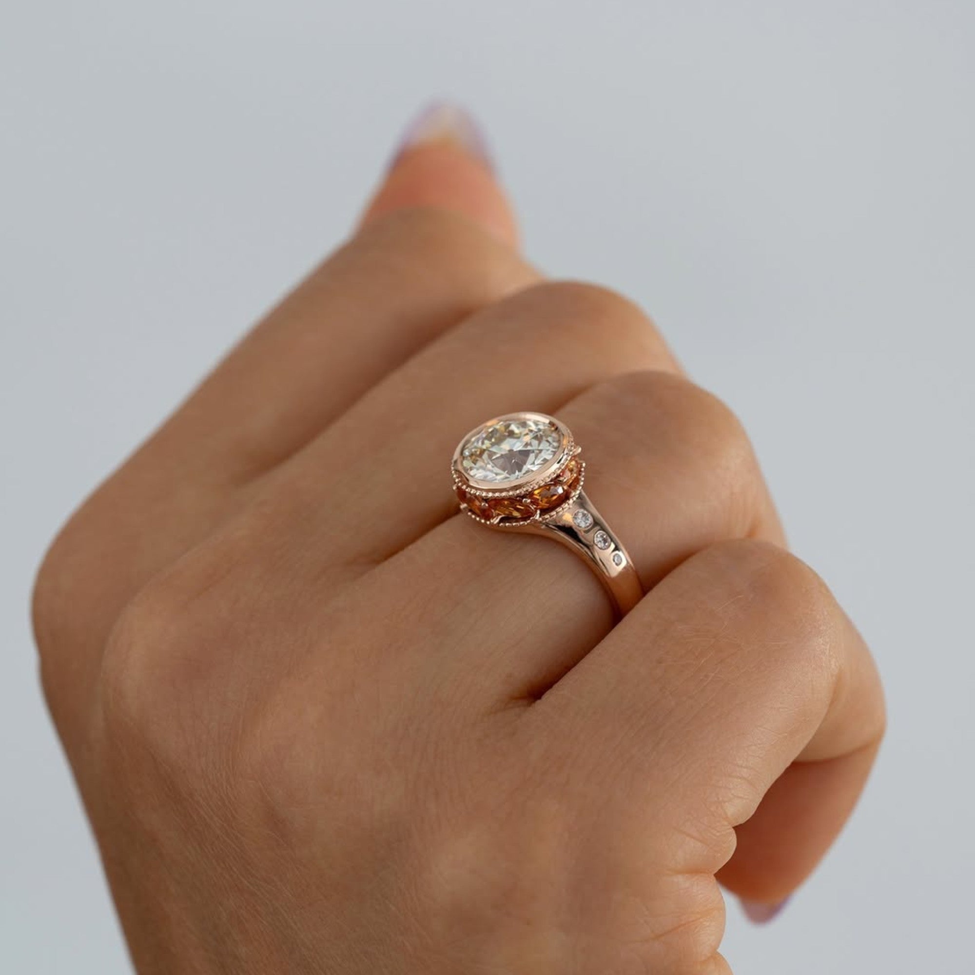 Bezel Set Round Lab Grown Engagement Ring Orange Marquise Hidden Halo Wedding Ring Anniversary Rings For Women