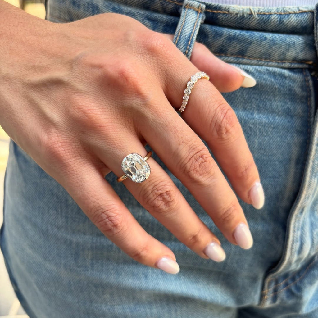 Bezel Set Old Mine Elongated Cushion Lab Grown Engagement Ring Antique Diamond Vintage Wedding Ring Unique Anniversary Ring